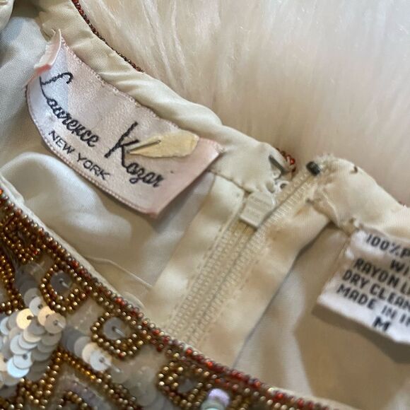 Laurence Kazar Ivory Silk Beaded dress with gold and red beaded trims SZM - Picture 10 of 11